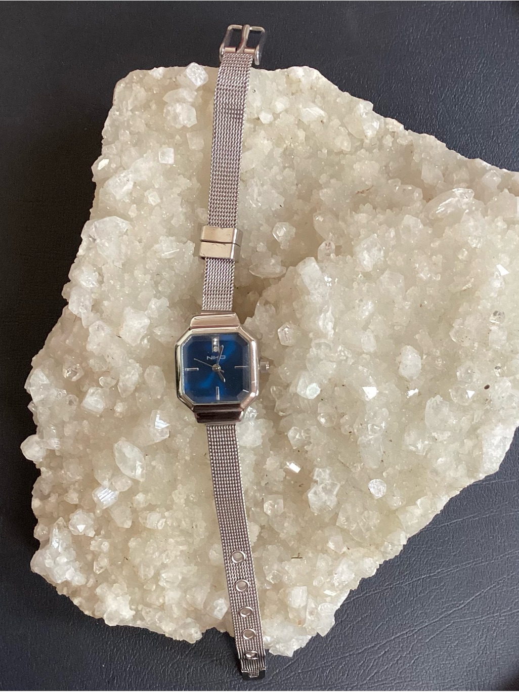 Silver Mesh Bracelet Watch With Blue Dial